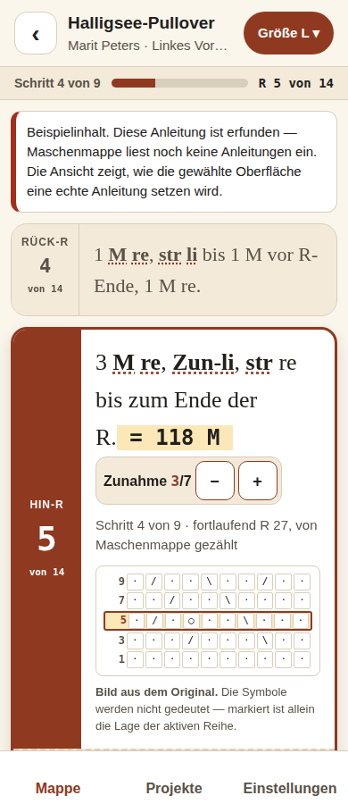 Die Reihenansicht von Maschenmappe auf einem Telefon: oben der Titel „Halligsee-Pullover“ und der Knopf „Größe L“, darunter die erledigte Rück-Reihe 4, dann groß umrahmt die aktive Hin-Reihe 5 mit dem Zähler links an der Reihe, dem Maschenstand „= 118 M“ und der mitlaufenden Wiederholung „Zunahme 3/7“.